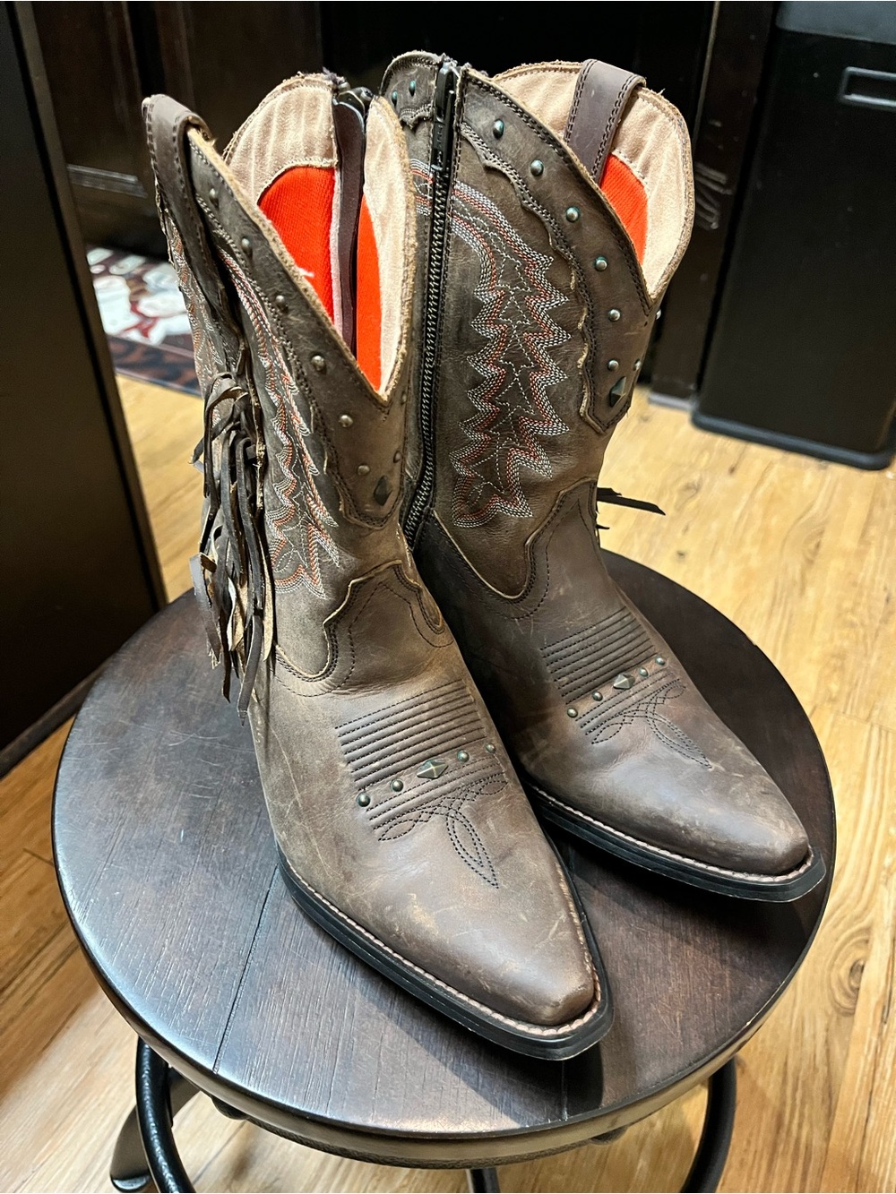 Durango Crush Western Cowboy Boots Brown Leather Fringe Studded 9.5M